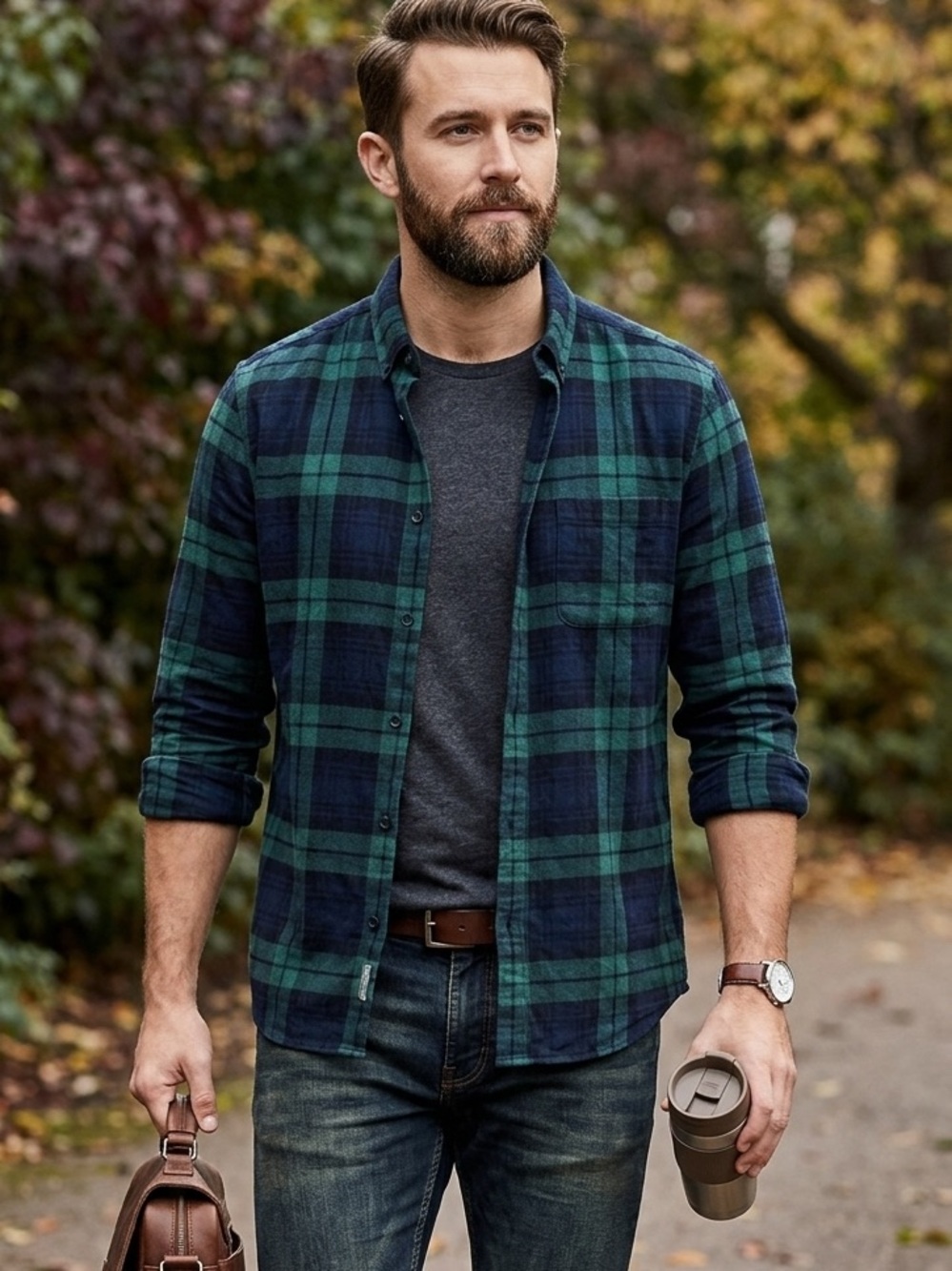 Primark Men’s Regular Fit Flannel Button Down Shirt - Green & Navy Plaid (M) - Picture 1 of 8